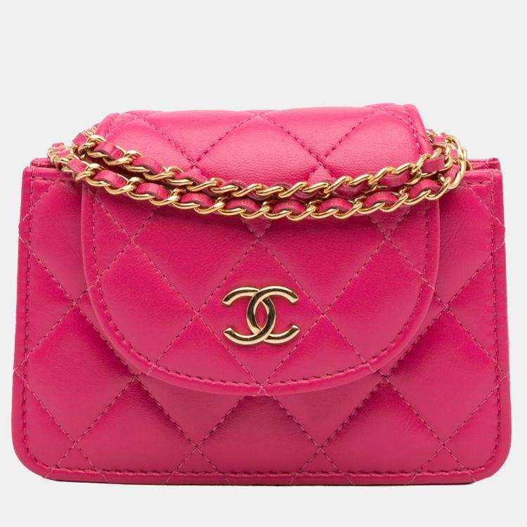 Pre Owned Chanel Pink CC Quilted Lambskin Flap Clutch On Chain