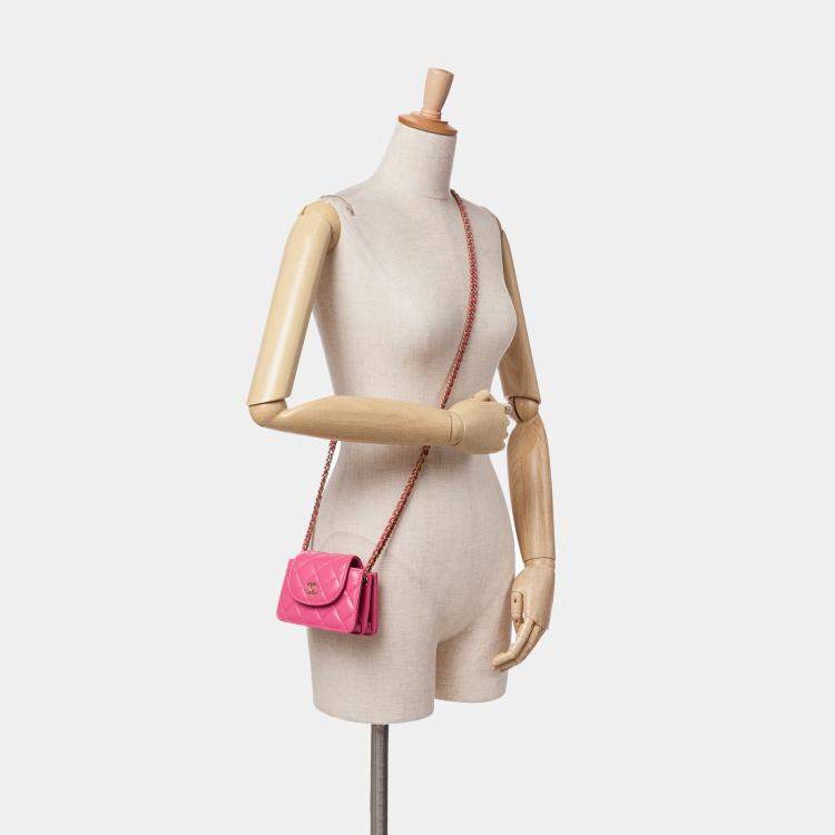 Pre Owned Chanel Pink CC Quilted Lambskin Flap Clutch On Chain