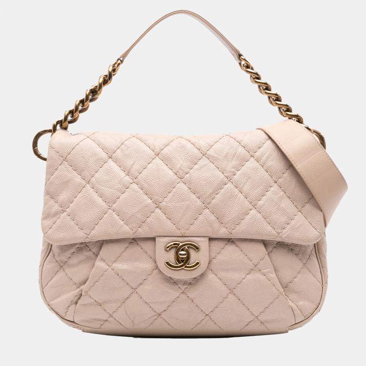 Pre Owned Chanel Beige Brown Chanel Beige/Brown Medium Quilted Caviar Coco Pleats Messenger Flap
