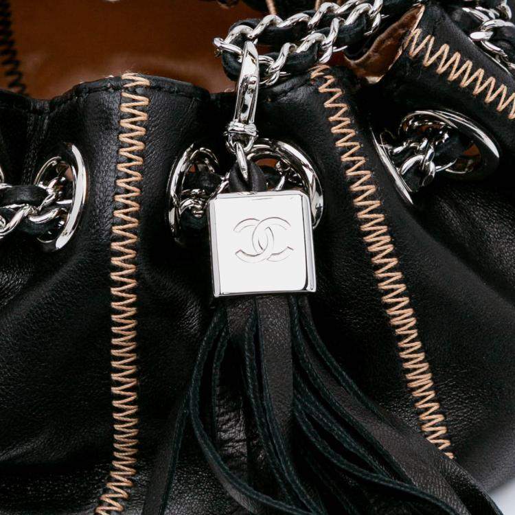 Pre Owned Chanel Black/Brown Mini Lambskin and Satin Reversible Sac Cordon