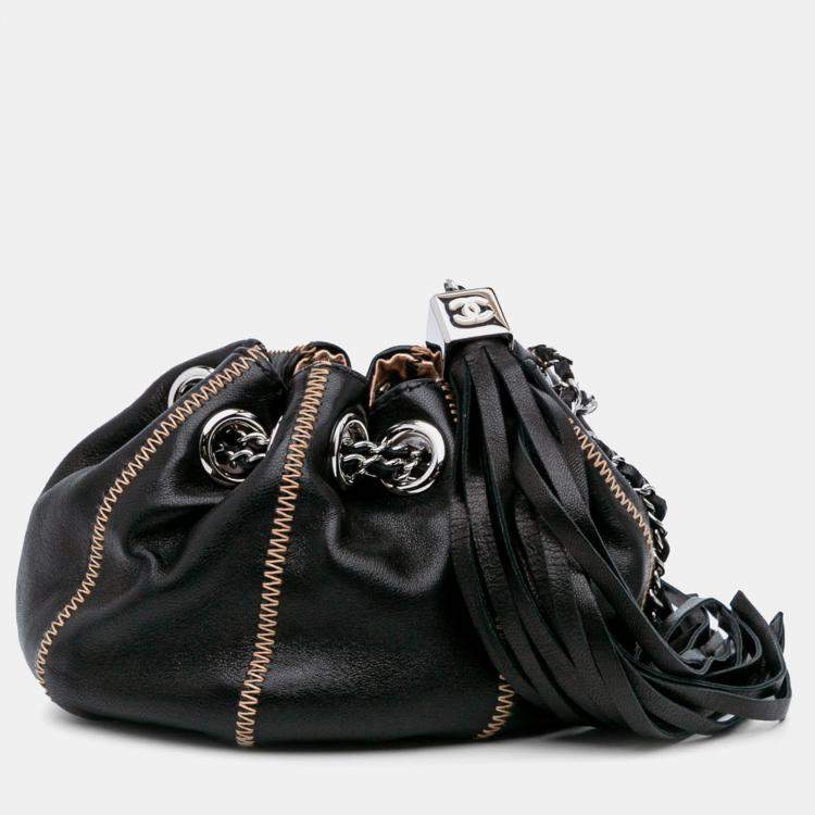 Pre Owned Chanel Black/Brown Mini Lambskin and Satin Reversible Sac Cordon