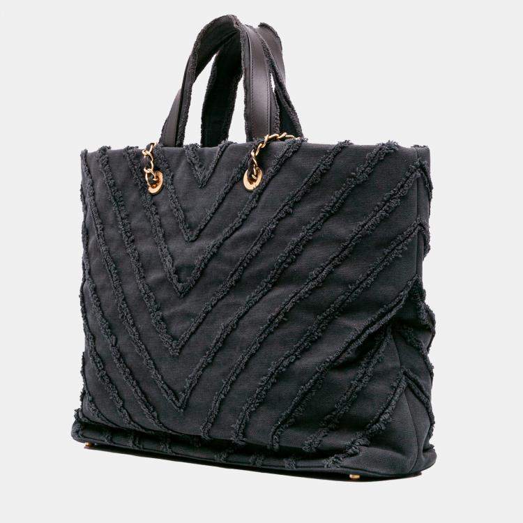 Pre Owned Chanel Black Chevron Canvas Cuba Patchwork Shopper Tote