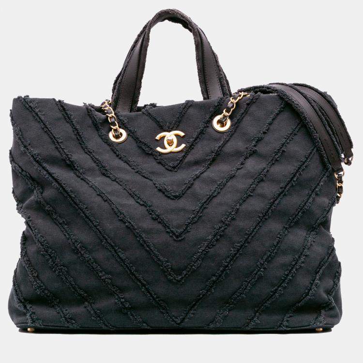 Pre Owned Chanel Black Chevron Canvas Cuba Patchwork Shopper Tote