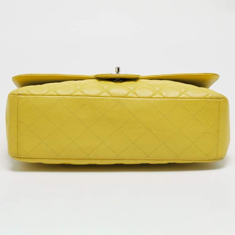 Pre Owned Chanel Yellow Quilted Caviar Leather Maxi Classic Single Flap Bag