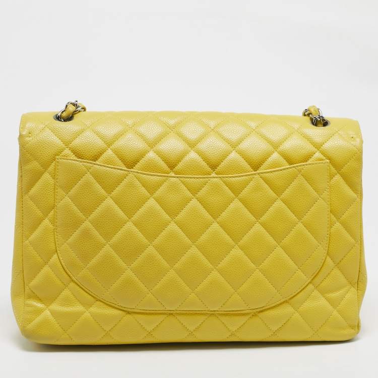 Pre Owned Chanel Yellow Quilted Caviar Leather Maxi Classic Single Flap Bag