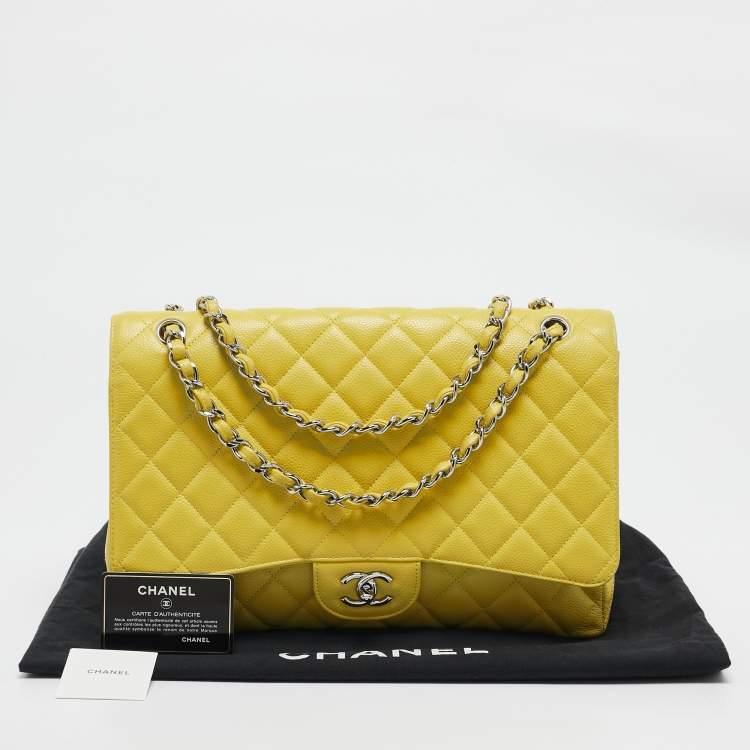 Pre Owned Chanel Yellow Quilted Caviar Leather Maxi Classic Single Flap Bag