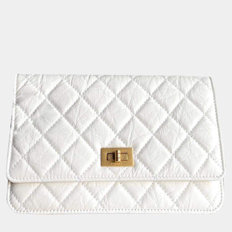 Pre Owned Chanel White Leather 2.55 Wallet On Chain 