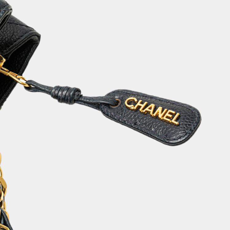 Pre Owned Chanel Navy Blue Quilted Caviar Front Pocket Chain Tote