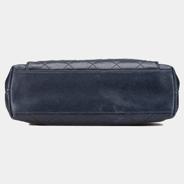 Pre Owned Chanel Navy Blue Quilted Caviar Front Pocket Chain Tote
