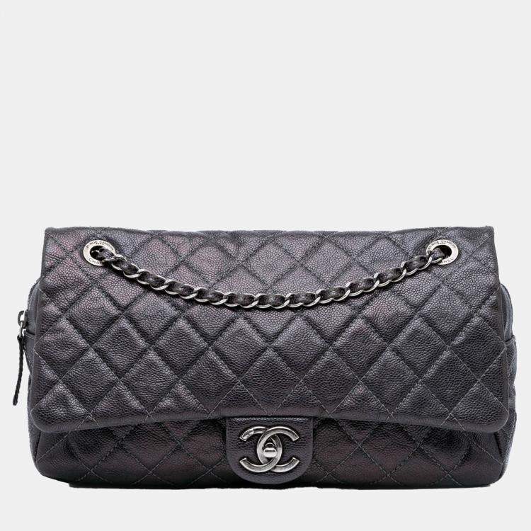 Pre Owned Chanel Purple Jumbo Quilted Caviar Easy Flap Bag