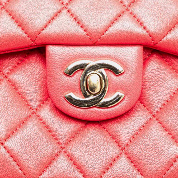 Pre Owned Chanel Red Lambskin Coco Mark Matelasse Backpack