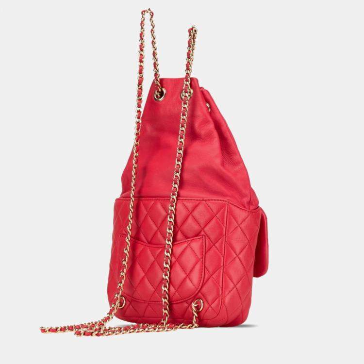 Pre Owned Chanel Red Lambskin Coco Mark Matelasse Backpack