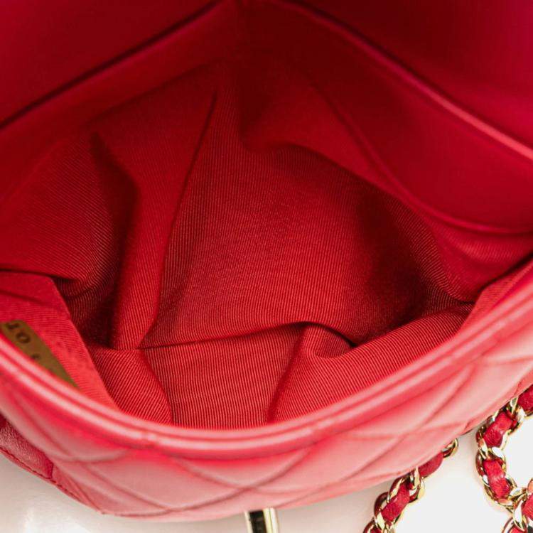 Pre Owned Chanel Red Lambskin Coco Mark Matelasse Backpack