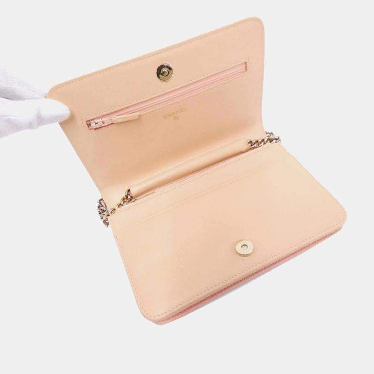 Pre Owned Chanel Pink Leather Boy Wallet On Chain 
