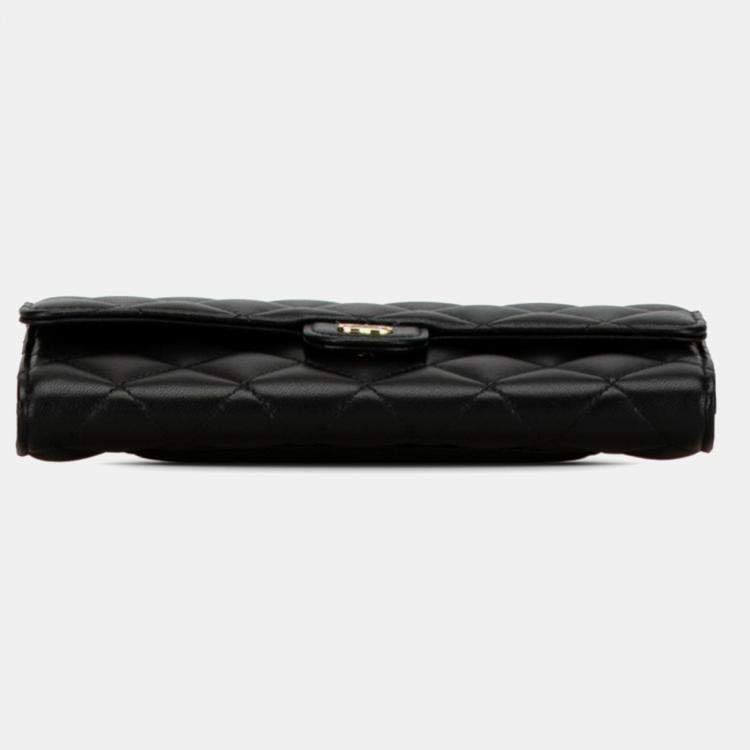 Pre Owned Chanel Black Lambskin Classic Long Flap Wallet