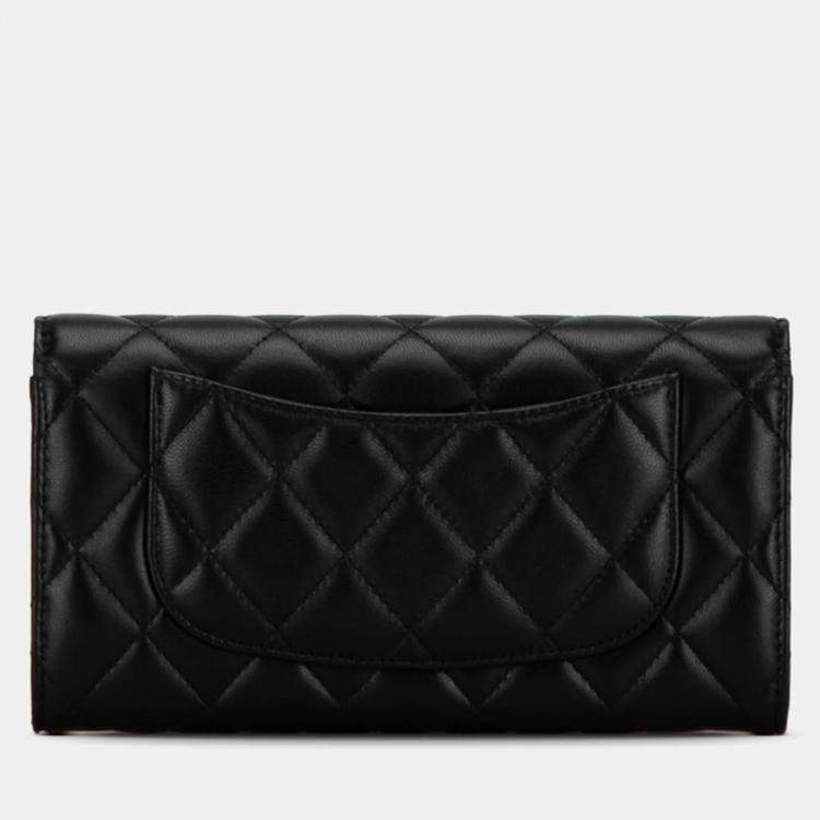 Pre Owned Chanel Black Lambskin Classic Long Flap Wallet