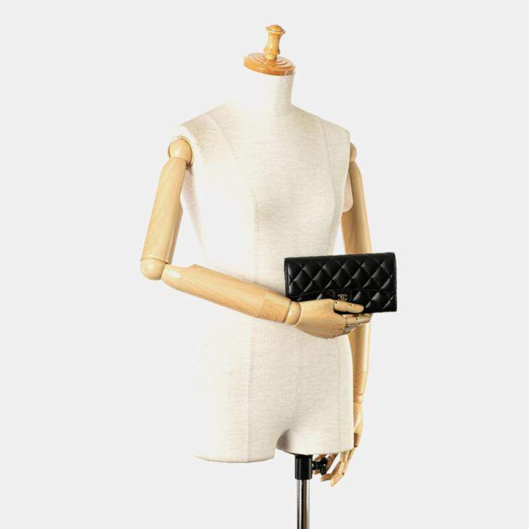 Pre Owned Chanel Black Lambskin Classic Long Flap Wallet