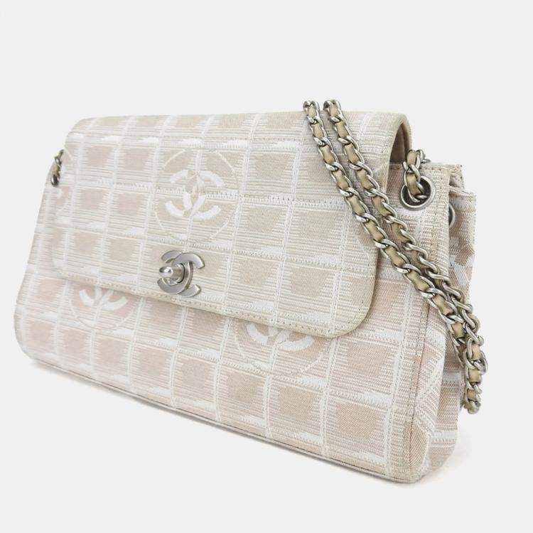 Pre Owned Chanel Pink and Beige Nylon Travel Line Flap Chain Shoulder Bag