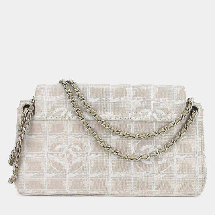 Pre Owned Chanel Pink and Beige Nylon Travel Line Flap Chain Shoulder Bag