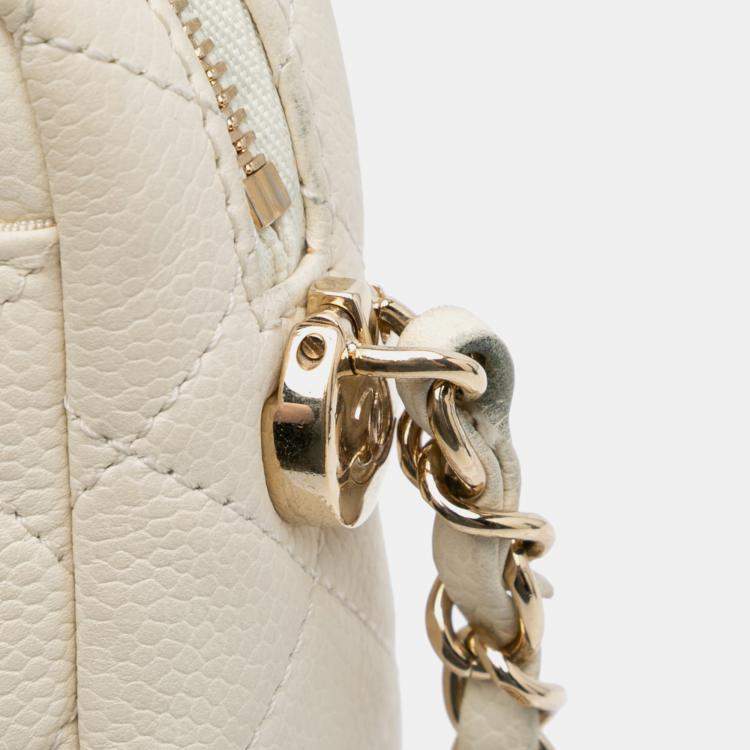 Pre Owned Chanel White Small CC Flat Quilted Caviar Camera Bag