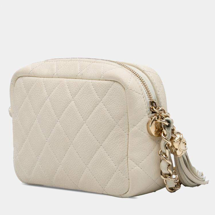 Pre Owned Chanel White Small CC Flat Quilted Caviar Camera Bag