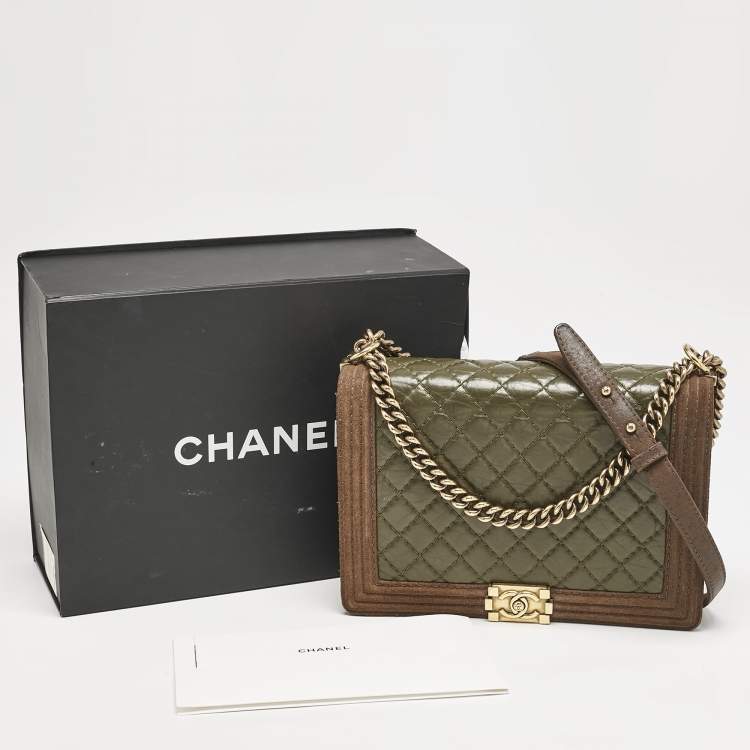 مملوكة مسبقًا Chanel Olive Green/Brown Quilted Leather and Suede Large Boy Flap Bag
