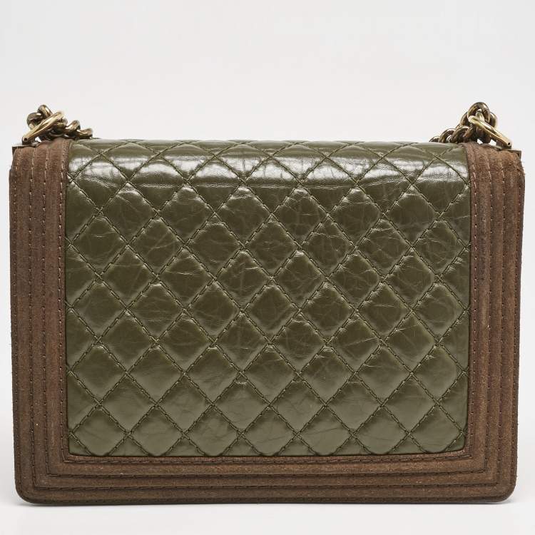 مملوكة مسبقًا Chanel Olive Green/Brown Quilted Leather and Suede Large Boy Flap Bag