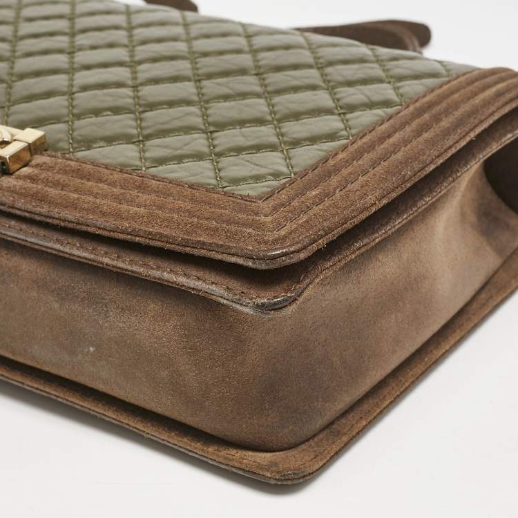 مملوكة مسبقًا Chanel Olive Green/Brown Quilted Leather and Suede Large Boy Flap Bag