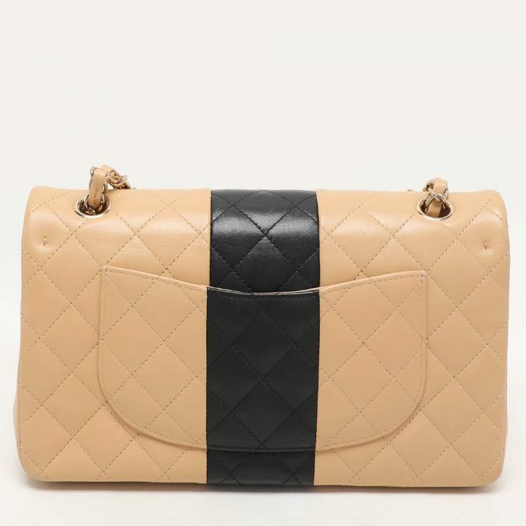 Pre Owned Chanel Beige/Black Quilted Leather Medium Bicolor Classic Double Flap Bag