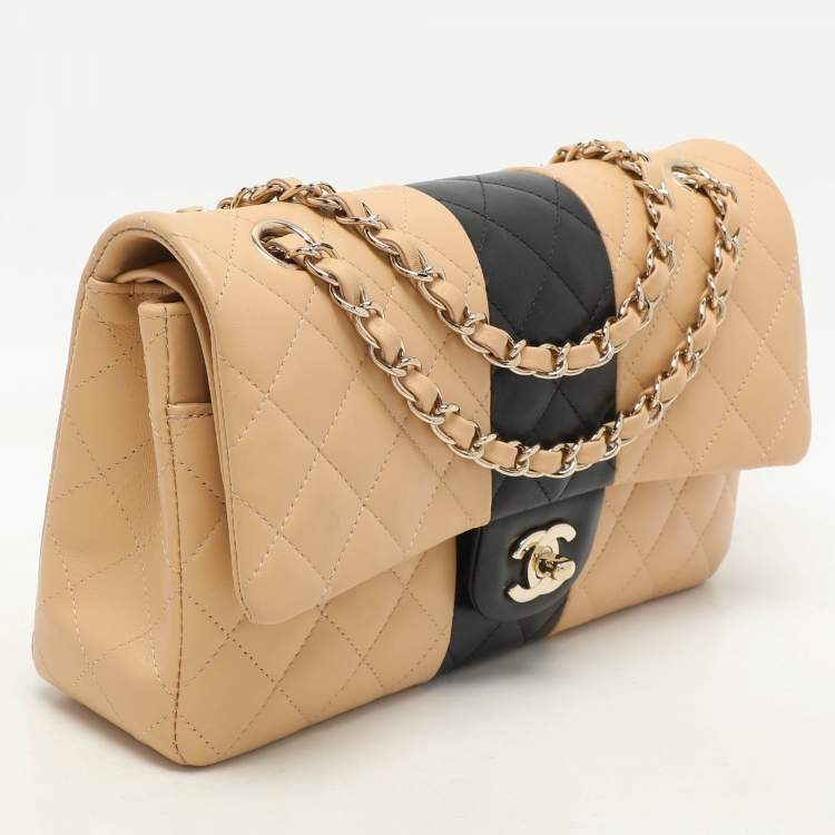 Pre Owned Chanel Beige/Black Quilted Leather Medium Bicolor Classic Double Flap Bag
