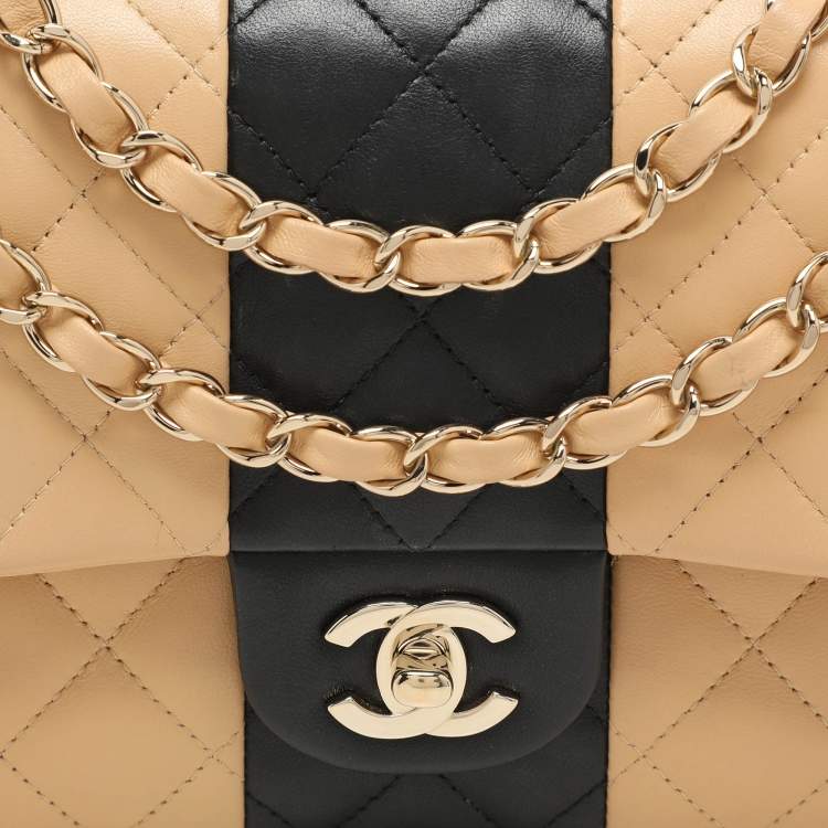 Pre Owned Chanel Beige/Black Quilted Leather Medium Bicolor Classic Double Flap Bag