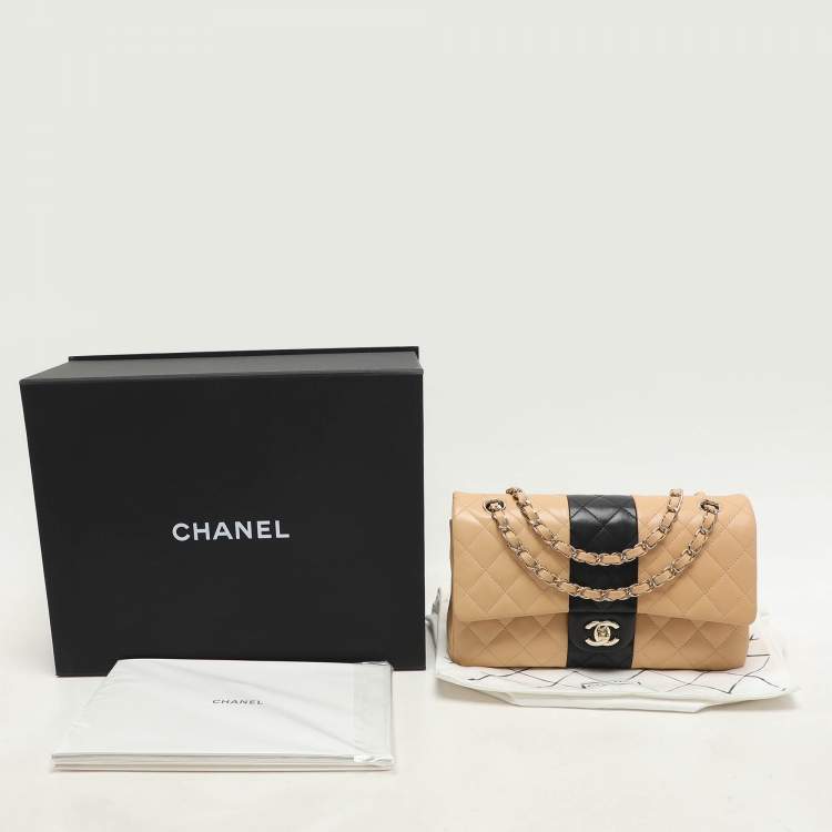 Pre Owned Chanel Beige/Black Quilted Leather Medium Bicolor Classic Double Flap Bag