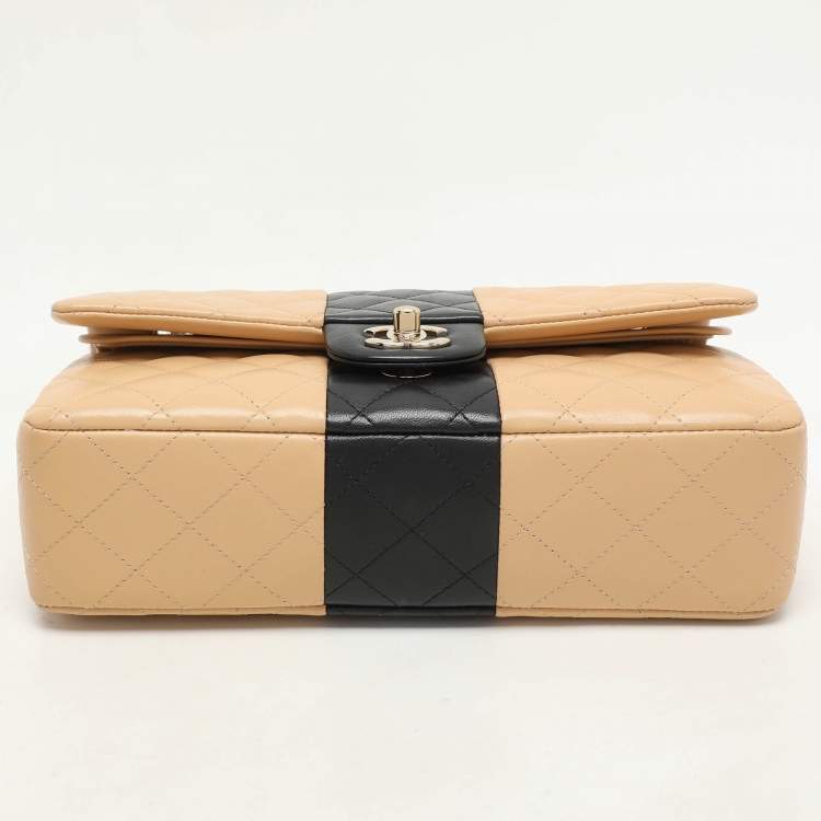 Pre Owned Chanel Beige/Black Quilted Leather Medium Bicolor Classic Double Flap Bag