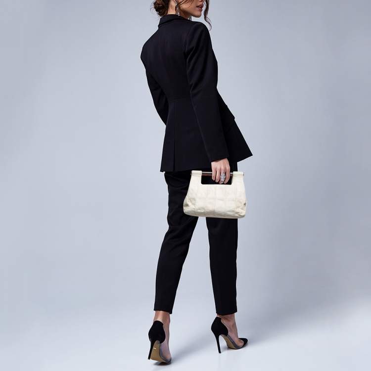 Pre Owned Chanel White iridescent Suede Cut Out Handle Clutch