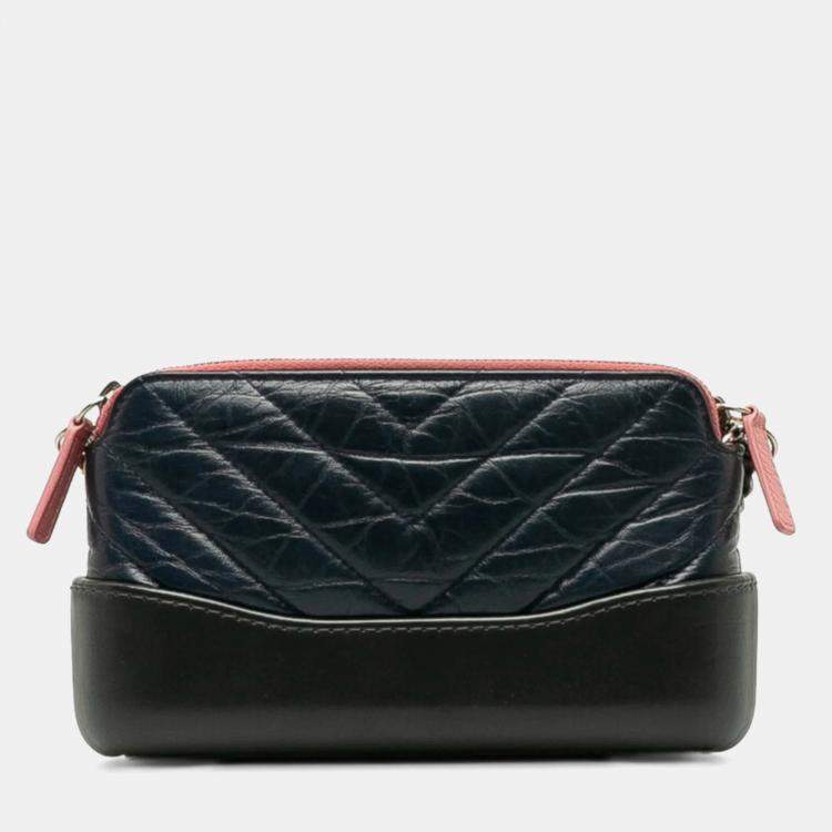 Pre Owned Chanel Navy Leather Gabrielle Quilted Chain Wallet Mini Shoulder Bag