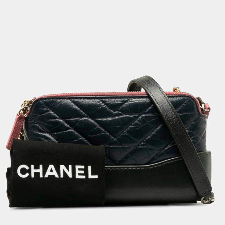 Pre Owned Chanel Navy Leather Gabrielle Quilted Chain Wallet Mini Shoulder Bag