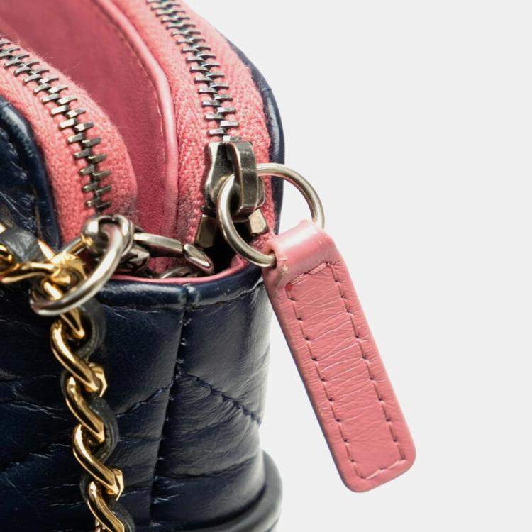 Pre Owned Chanel Navy Leather Gabrielle Quilted Chain Wallet Mini Shoulder Bag