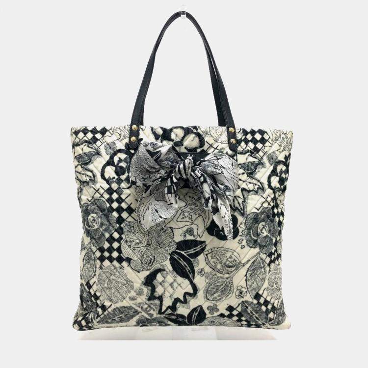 Pre Owned  Chanel White Canvas Printed Camellia Tote Bag 