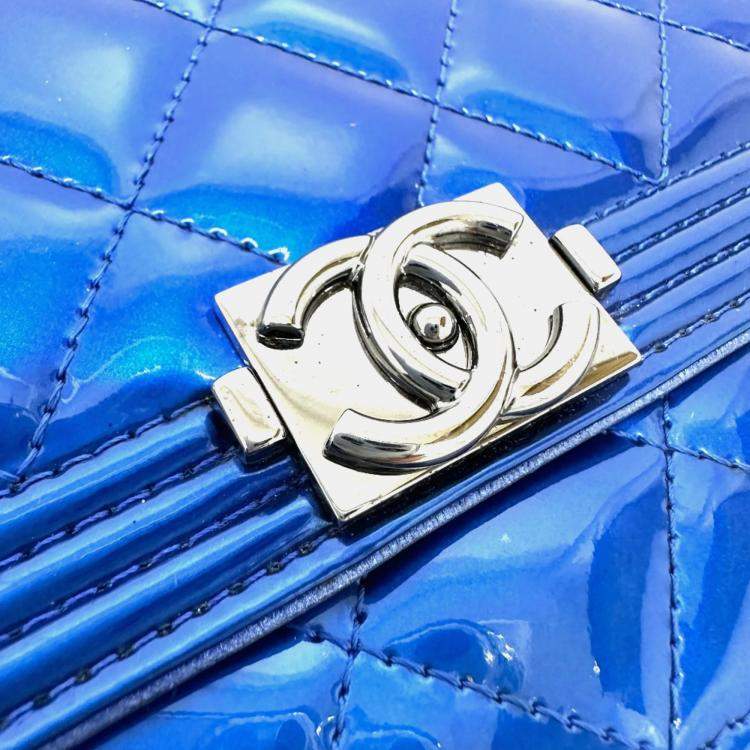 Pre Owned Chanel Metallic Blue Leather Boy Wallet On Chain