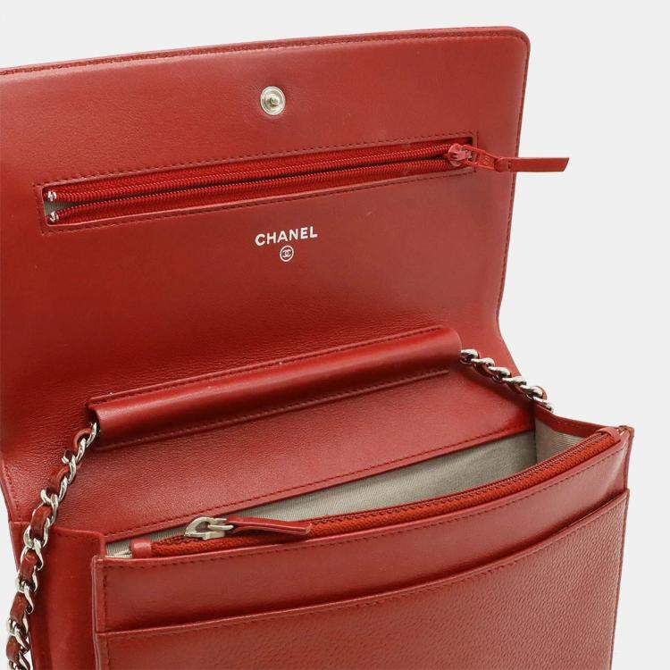 Pre Owned Chanel Red Leather Caviar Skin Chain Wallet Shoulder Bag