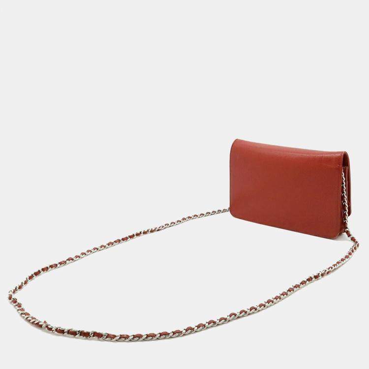 Pre Owned Chanel Red Leather Caviar Skin Chain Wallet Shoulder Bag