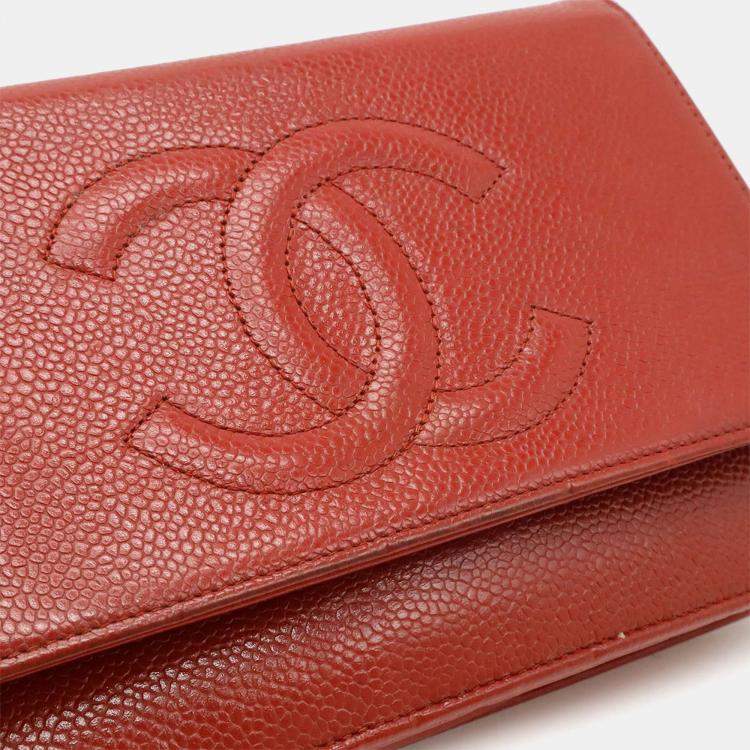 Pre Owned Chanel Red Leather Caviar Skin Chain Wallet Shoulder Bag