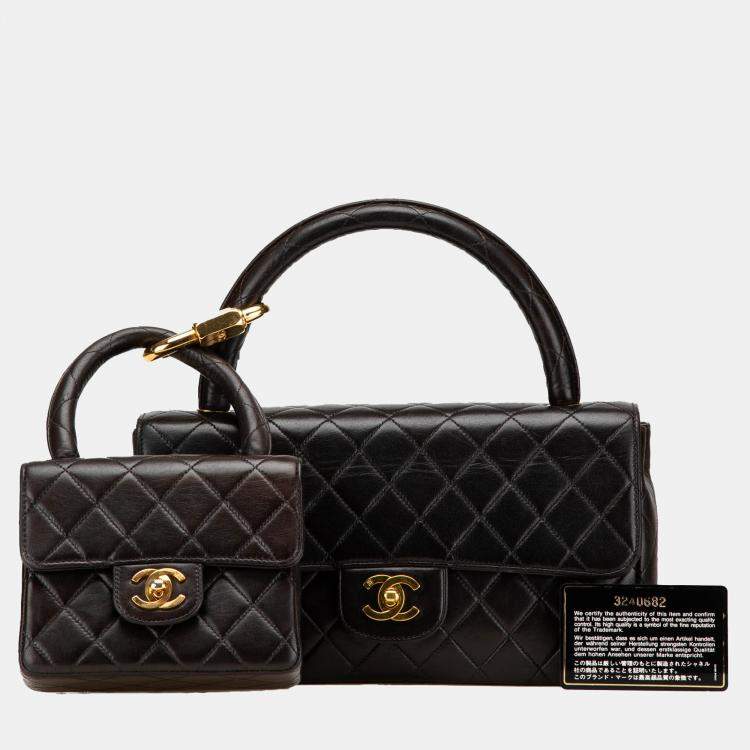 Pre Owned Chanel Black Lambskin Parent Child Kelly Set Top Handle Bag