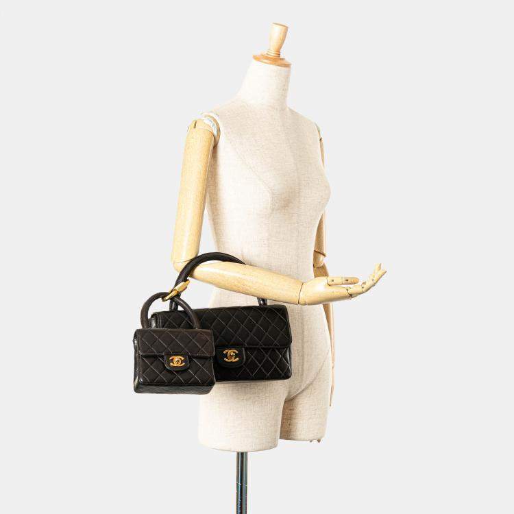 Pre Owned Chanel Black Lambskin Parent Child Kelly Set Top Handle Bag