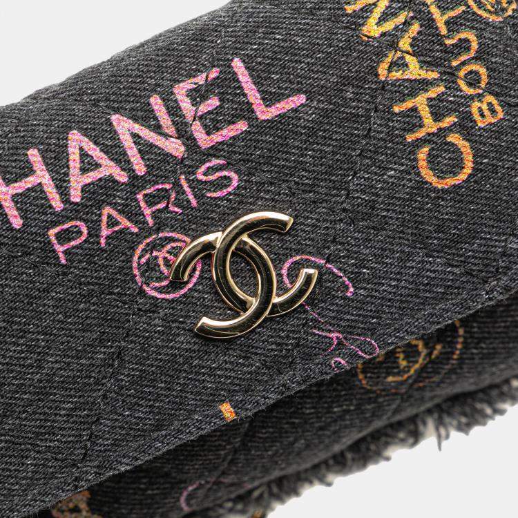 Pre Owned Chanel Black Fringe Denim Mood Clutch with Chain