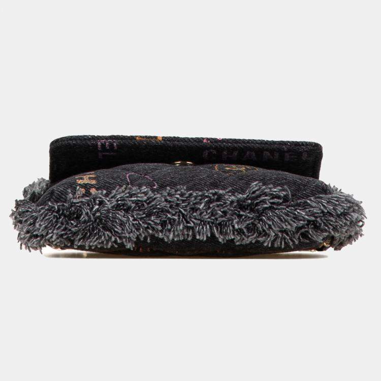 Pre Owned Chanel Black Fringe Denim Mood Clutch with Chain