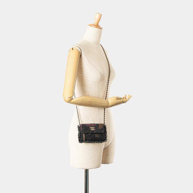 Pre Owned Chanel Black Fringe Denim Mood Clutch with Chain