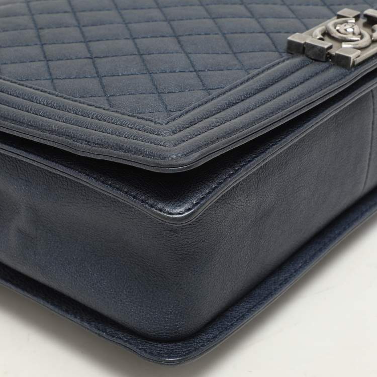 Pre Owned Chanel Blue Quilted Leather Large Boy Flap Bag