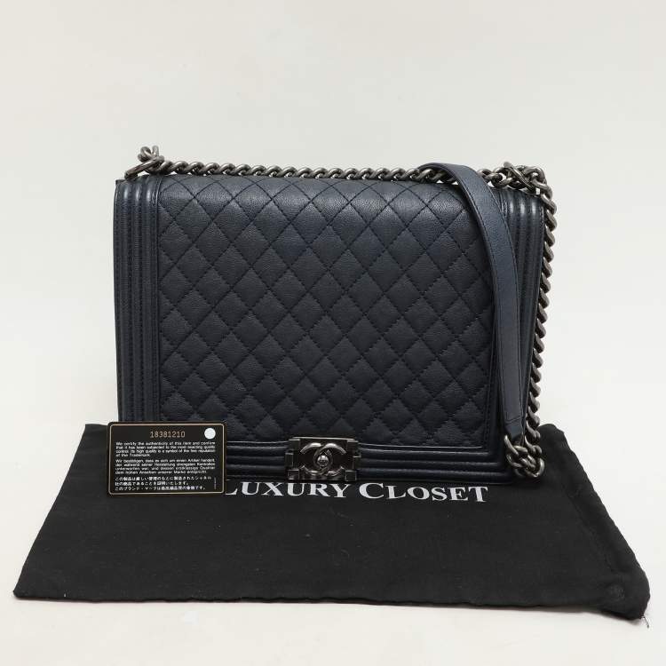 Pre Owned Chanel Blue Quilted Leather Large Boy Flap Bag