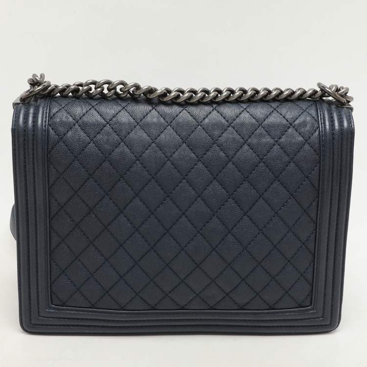 Pre Owned Chanel Blue Quilted Leather Large Boy Flap Bag